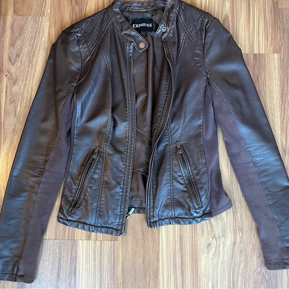 Express Brown Leather Bomber Jacket (Size XS)